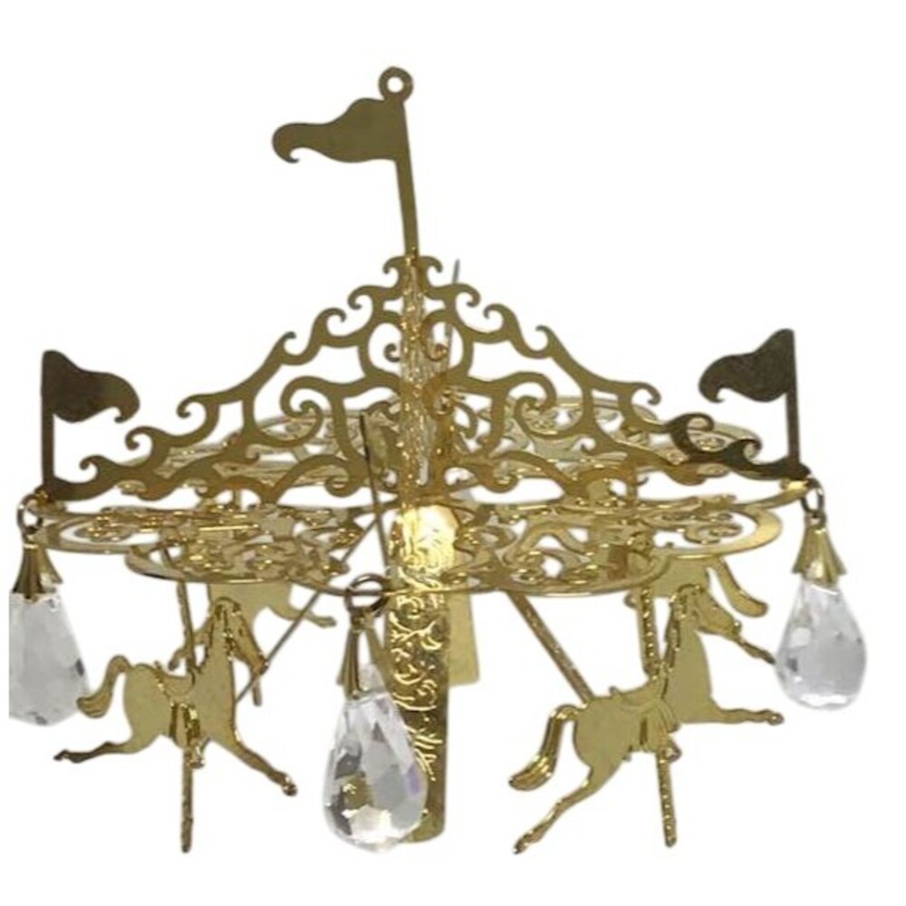 Goose Pond Gold Ornament Merry Go Round Carousel Horses Crystals 22K Vintage